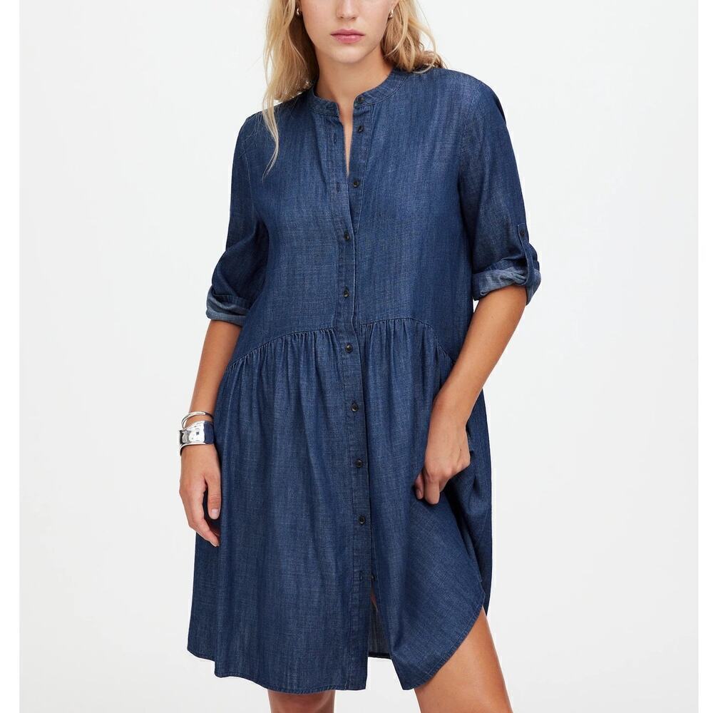 Madewell Denim Shirtdress Button-Front Roll Tab Sleeve Mini in Denim Blue NWT S